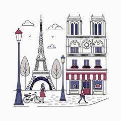 Parisian Street with Eiffel Tower Illustration
