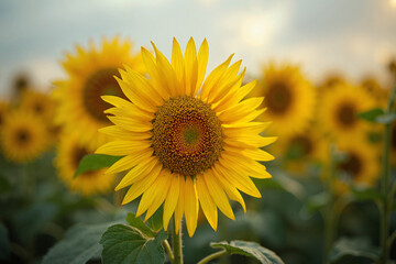 Fototapeta premium Vibrant sunflower in a field at sunset. Golden hour light illuminates the petals, creating a warm, inviting mood.