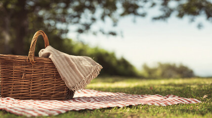 Wicker picnic basket with blanket on red and white checkered picnic blanket in a grassy field on a sunny day Concept of outdoor recreation, relaxation, and summer