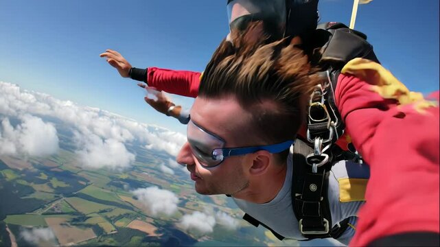 Excited man skydiving with tandem instructor above the clouds.
