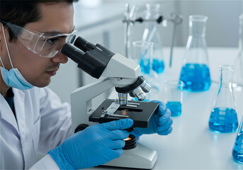 Fototapeta premium A scientist is using a microscope in a laboratory during the daytime to conduct research or an examination.