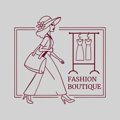 Elegant Fashion Boutique Logo with Woman and Dresses in Burgundy Outline