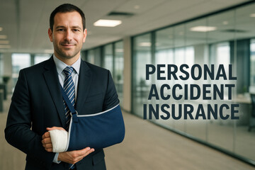 Man in suit and tie showcasing "Personal Accident Insurance" message.