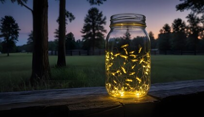 Glow of Fireflies in a Jar Against a Sunset Landscape