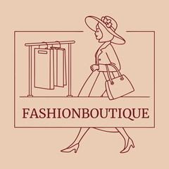 Elegant Fashion Boutique Logo with Woman Clothes Rack and Shopping Bags