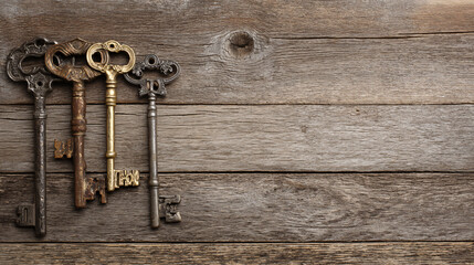 Four Antique Keys on Rustic Wooden Background, Vintage Key Collection for Mystery, Security, and History Concepts