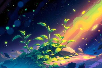 A luminous plant grows from a rocky terrain under a vibrant cosmic sky, filled with stars and swirling colorful patterns, creating a sense of wonder
