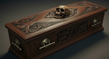 Fototapeta premium Ornate wooden casket with a skull resting on top, detailed carvings, and metallic clasps