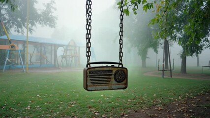 Empty fog-covered autumn playground 1950s swing set, rusty radio hanging from frame playing distorted lullaby, leaves reverse falling trees, VHS tape grain, dreamlike vintage nightmare - Powered by Adobe