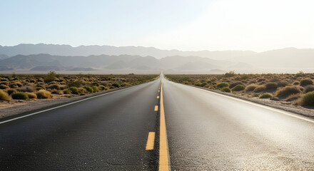 Fototapeta premium Endless asphalt road journey travel adventure freedom open road scenic view desert landscape nature mountains horizon summer sunlight