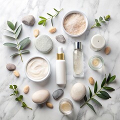 Natural skincare products arranged on a marble surface, surrounded by stones and greenery