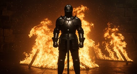 Fototapeta premium A knight in full plate armor stands before a large bonfire, sword at his side. The intense flames illuminate the scene