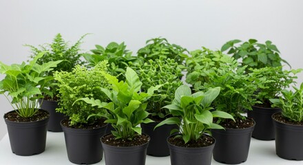 Fototapeta premium Collection of lush green potted plants, various textures and shades, displayed on a white surface
