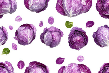 Pattern of realistic purple cabbage heads isolated on a white transparent background