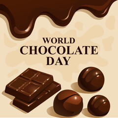 World Chocolate Day. Chocolate bars and splashes and melted chocolate. Great for posters, banners and social media posts. Vector illustration.