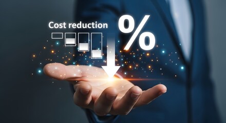 A businessman's hand displays a cost reduction concept featuring a decreasing percentage symbol and a bar graph successful expense management strategies for financial growth and budget optimization