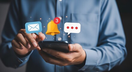A person using a smartphone receives email message notifications, alerts, and chat bubbles indicating new communication and updates, showcasing modern digital connectivity and communication.