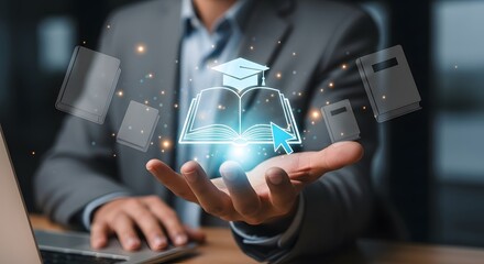 A businessman presents a digital open book with a graduation cap above it, symbolizing online education, e-learning, digital knowledge, and academic success through technology.
