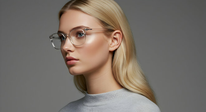Stylish Blonde Woman Wearing Clear Frame Glasses Fashionable eyewear model portrait