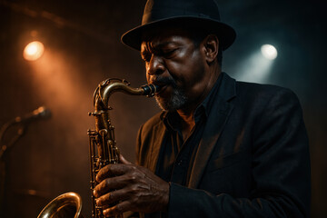Man in a hat playing a saxophone.
