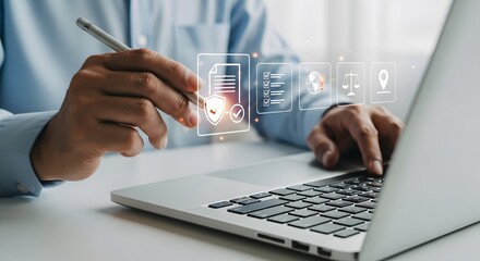 A businessman uses a stylus on his laptop, interacting with a digital interface showing document security, global network, scales of justice, and location icons, signifying legal tech and online risk 