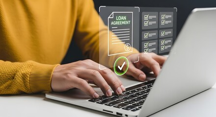 Secure Online Loan Application Process A person uses a laptop to complete a digital loan agreement form with checkboxes for verification and approval process workflow.