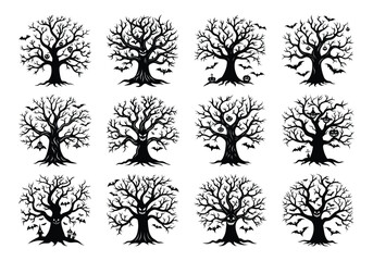 a set of halloween tree ,Dead Trees, Naked trees silhouettes isolated on white background