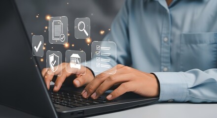 Secure Online Business Management A person efficiently uses a laptop computer for online business operations with digital security and checklist icons indicating safety and verification processes.