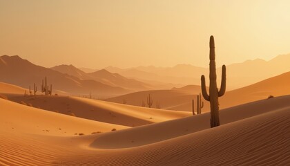Stunning High-Resolution Desert Landscape Sandy Dunes, Cactus Silhouettes, and Warm Sunset Hues - Perfect for Travel and Adventure Presentations