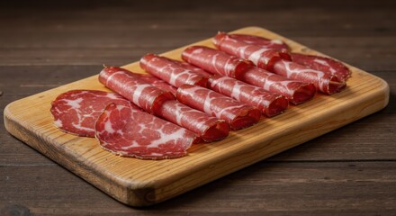 Obraz premium Sliced cured meat arranged on a wooden cutting board 