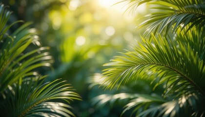 Obraz premium Lush Tropical Palm Leaves Background Golden Sunlight & Soft Green Tones, Perfect for Wellness & Lifestyle Presentations