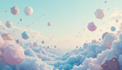Fototapeta premium Surreal Pastel Geometric Shapes Floating in a Dreamlike Sky Creative Background for Slides and Designs