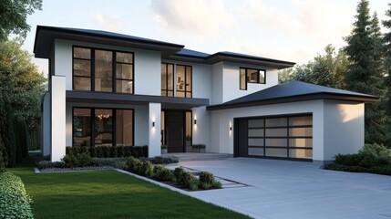 Modern two-story house architectural sketch, clean white background with dimension lines and shadow,