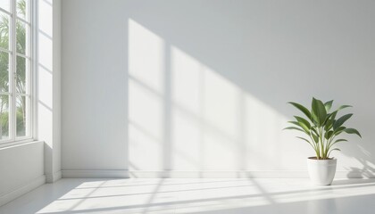 Minimalist Home Decor White Room with Potted Plant and Sunlight