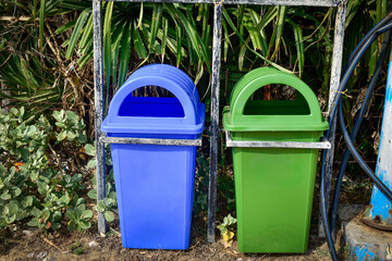 Two vibrant bins, one blue and one green, proudly stand side by side.