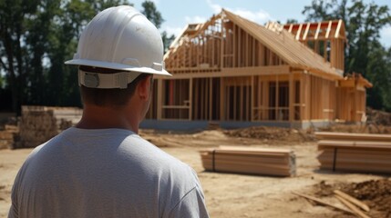 Fototapeta premium Site engineer overseeing team and referencing home construction plan,