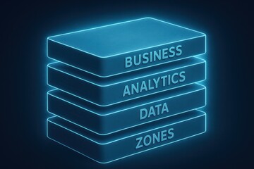 Obraz premium A glowing layered structure illustrates how strategic business decision and data analytics support organizational growth and operational zones