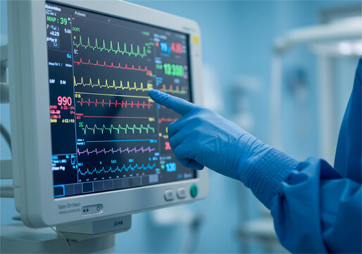 A medical professional is actively monitoring vital signs on a patient monitor in a healthcare setting, likely as part of patient care. - Powered by Adobe