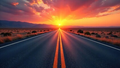 Endless asphalt ribbon stretching towards a vibrant sunset horizon, promising adventure and open road freedom Perfect for travel, wanderlust, and vacation themes , open road, freedom, getaway