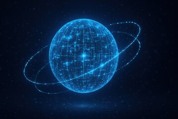 Obraz premium The glowing data sphere symbolizes innovation and strategy as interconnected particles orbit around it representing dynamic decision-making in business growth