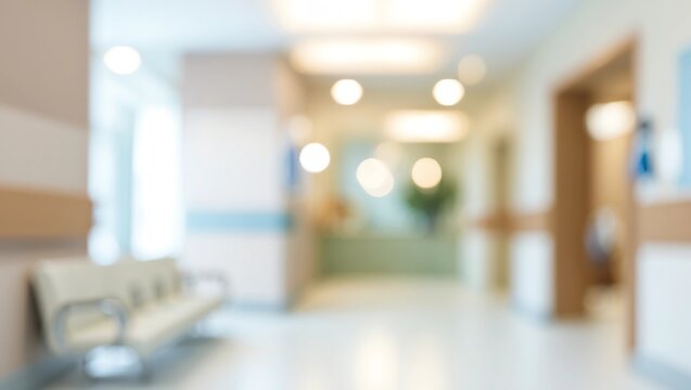 Abstract blur luxury hospital corridor. Blur clinic interior background with defocused effect. Healthcare and medical concept