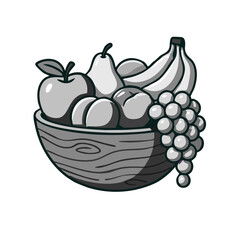 Wooden bowl with fruit in gray tones. Monochrome illustration isolated on white background. Flat design vector. Healthy food concept. Apple, grapes, peach, banana and pears.