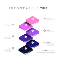 Modern isometric vertical step infographic template illustrating process with 6 gradient colored steps. Versatile vertical step infographic design ideal for visualizing progression, stages, or options