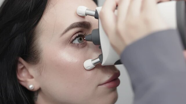 Close-up of eye pressure measurement with a modern applanation tonometer. Concept of ophthalmologic diagnostics and modern technologies.