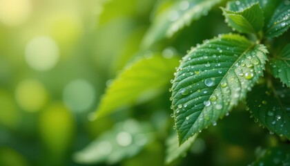 Dew-Kissed Green Leaves A Fresh, Eco-Friendly Background Image for Presentations