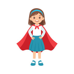 Happy little girl superhero in red cape