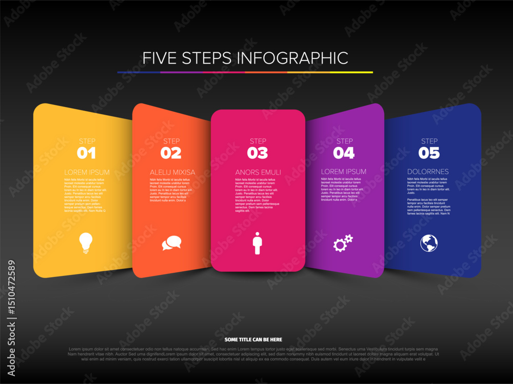 Poster a modern five steps infographic template displays five colorful options with icons. this infographic