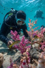 World Oceans Day. Scuba diver examining pink coral and tropical fish in clear ocean water, natural underwater photography, ocean floor background, marine conservation.