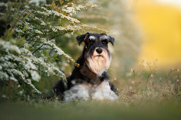 cute miniature schnauzer dog lying by a blooming bush outdoors