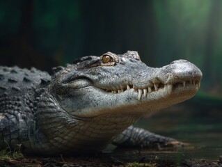 Fototapeta premium An adult American alligator resting near a body of water, highlighting the beauty and vulnerability of these magnificent creatures in their natural habitat.